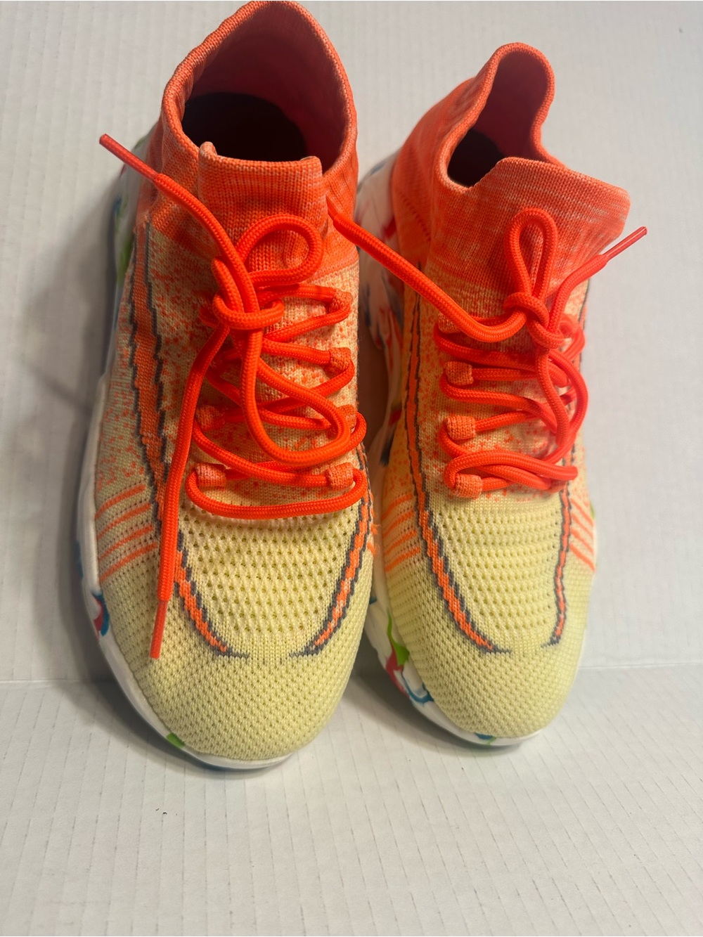 Neon Orange and Lemon Knit Women's Athletic Sneakers - Picture 2 of 13